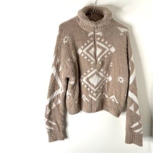 Jessica Simpson Plush Knit Cropped Half Zip Cowl Neck Sweater Neutral Off-White